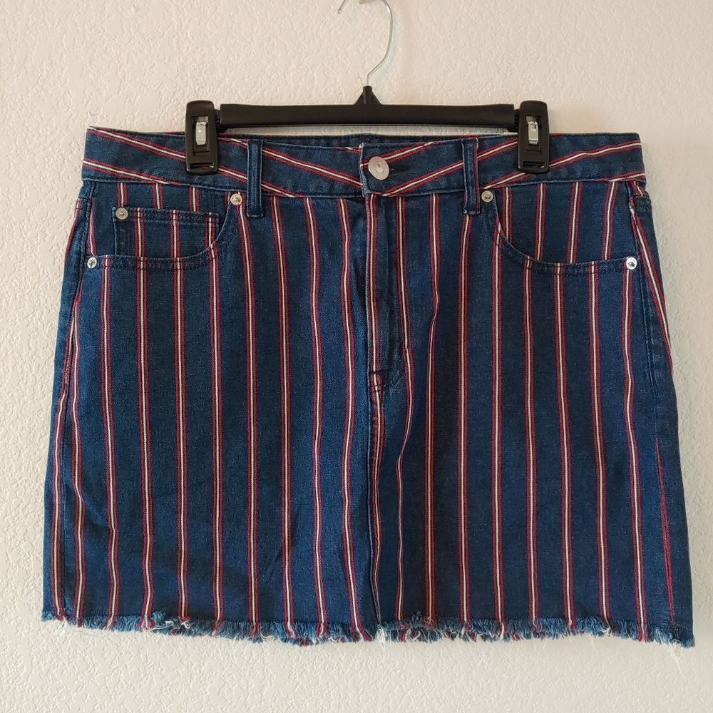 American Eagle Size 14 New High Rise Mini Denim Jean Skirt Super Stretch Striped